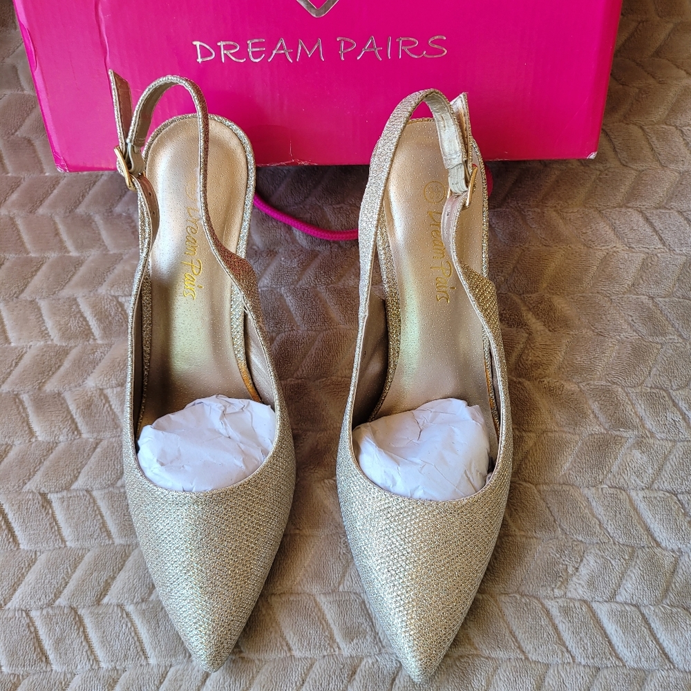 Dream Pairs Glitter Gold Slim-Pointed Stiletto Slingback Heels